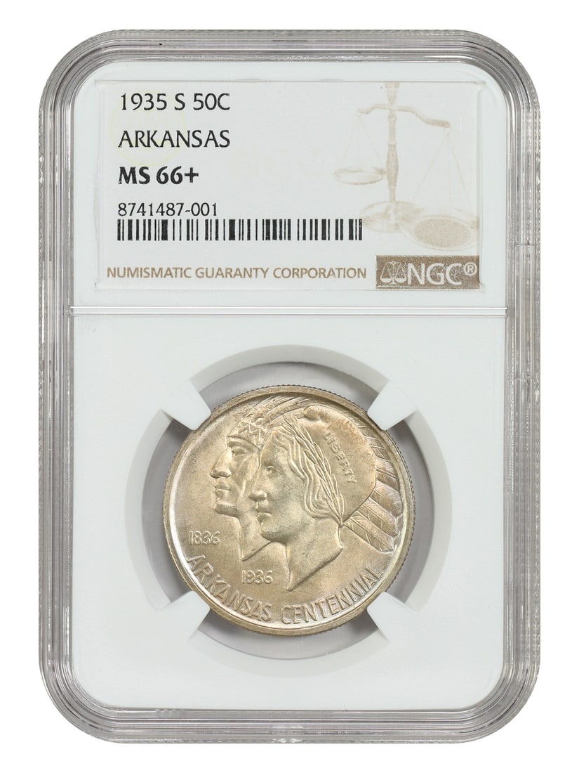 1935-S 50C Arkansas NGC MS66+ - Classic Silver Commemorative - Low Mintage Issue: 1935-S 50C Arkansas NGC MS66+ - Classic Silver Commemorative - Low Mintage Issue The 1935-S 50C Arkansas Commemorative coin features a striking design and low mintage, making it a highly sought-after