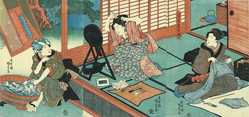 Utagawa Kunisada Japanese Woodblock Print Triptych Modern Girls in Full Bloom: Utagawa Kunisada Japanese Woodblock Print Triptych Modern Girls in Full Bloom Item Specifics: Artist: Utagawa Kunisada Subject: Beauties Domestic Life Material: Washi Paper Style: Japanese Product