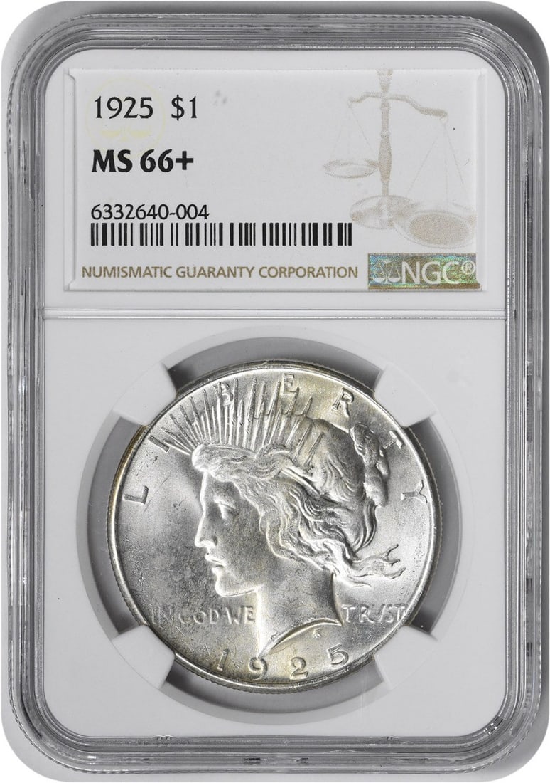 Peace silver dollar MS66+ NGC 1925: Peace silver dollar MS66+ NGC 1925 The 1925 Peace silver dollar, certified MS66+ by NGC, boasts exceptional condition with its reeded edge and detailed design. This coin, designed by Anthony de