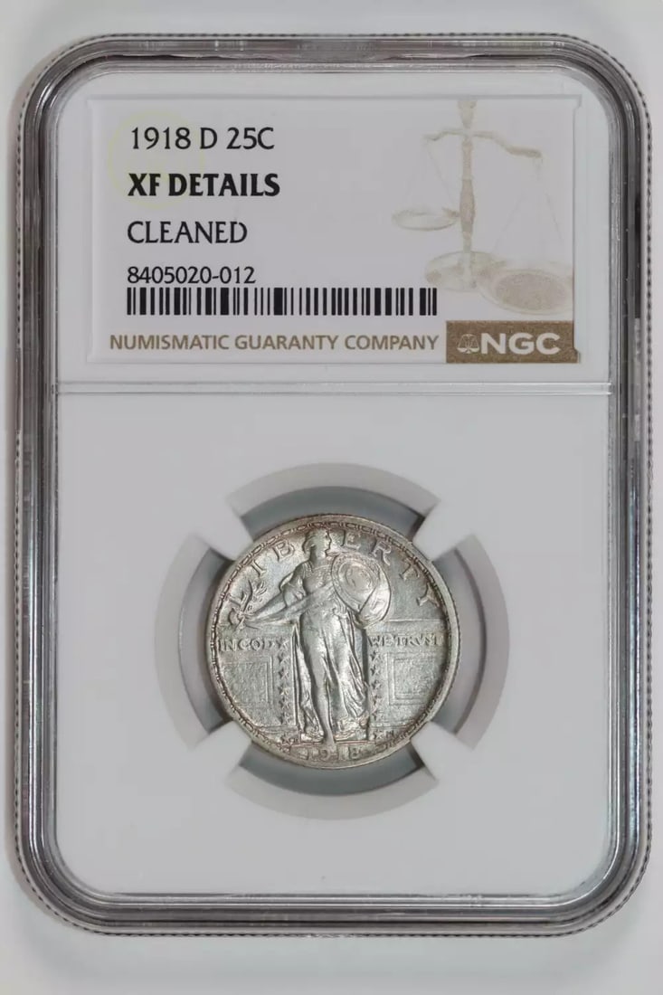 1918-D STANDING LIBERTY QUARTER NGC XF DETAILS: 1918-D STANDING LIBERTY QUARTER NGC XF DETAILS 1918-D Standing Liberty Quarter in XF condition, bearing the NGC certification number 8405020-012. This coin features the distinctive design of the