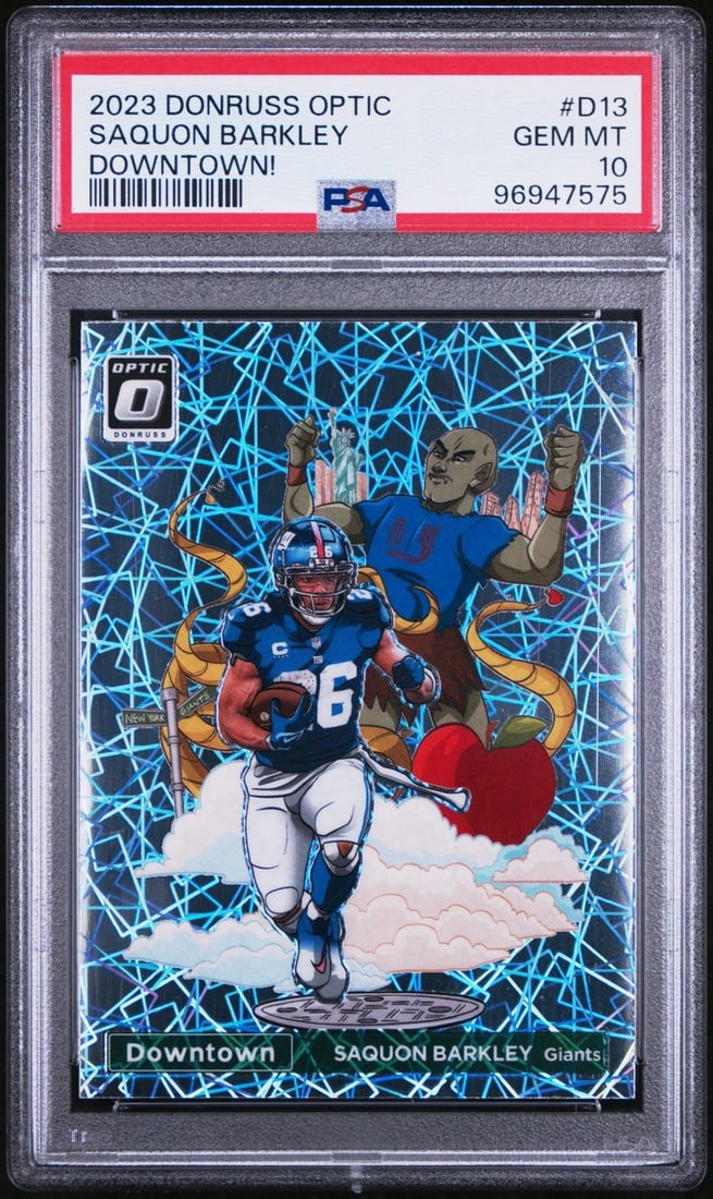 PANINI DONRUSS BARKLEY #D13 SAQUON OPTIC 10 DOWNTOWN 2023: PANINI DONRUSS BARKLEY #D13 SAQUON OPTIC 10 DOWNTOWN 2023 Standard Autographed Downtown #D13 Saquon Barkley Panini Donruss Optic Card, graded 10 by Professional Sports Authenticator (PSA). This card