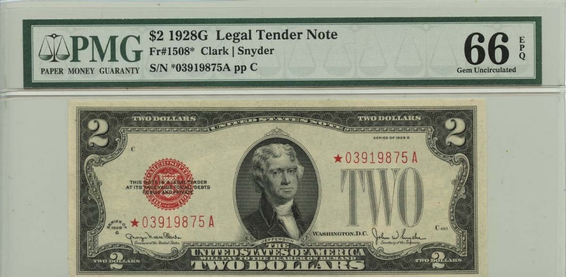 1928G $2 Legal Tender Note Fr# 1508* PMG Gem66 EPQ: 1928G $2 Legal Tender Note Fr# 1508* PMG Gem66 EPQ The 1928G $2 Legal Tender Note Fr# 1508* PMG Gem66 EPQ features a stunning example of circulated currency, boasting a high-grade MS66 rating from the