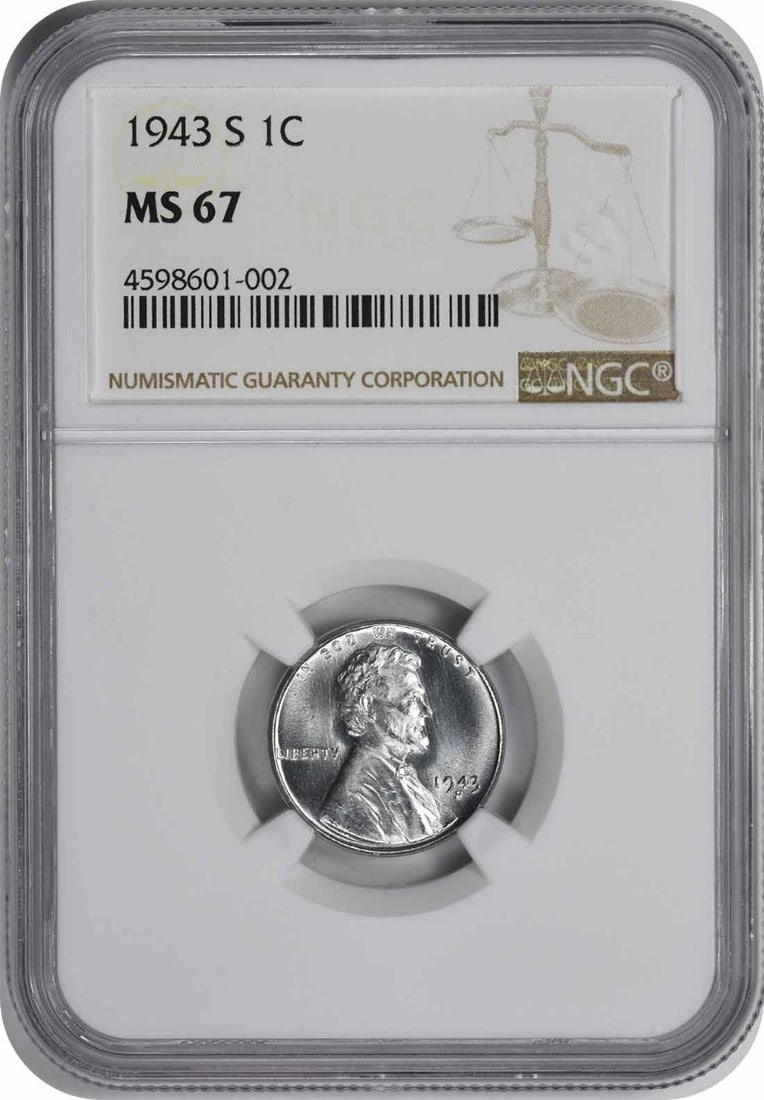 Steel Lincoln Cent 1943-S MS67 NGC: Steel Lincoln Cent 1943-S MS67 NGC Steel Lincoln Cent 1943-S MS67 NGC is an exceptional example of the San Francisco Mint's production, bearing the hallmark of its unique zinc-coated steel composition