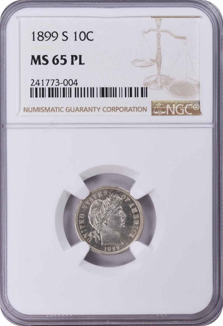 1899-S Barber Silver Dime MS65PL NGC: 1899-S Barber Silver Dime MS65PL NGC The 1899-S Barber Silver Dime MS65PL NGC is an exceptionally preserved uncirculated example, certified by the Numismatic Guaranty Corporation (NGC) with a high gra