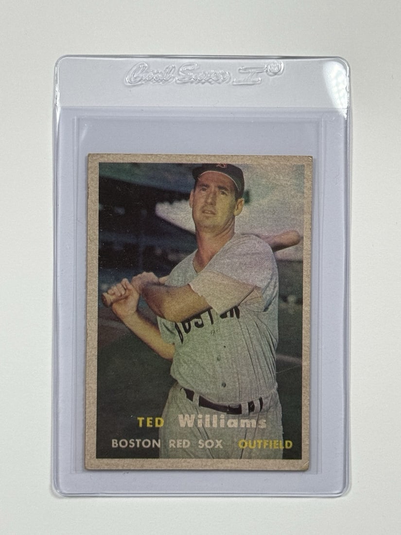 TED WILLIAMS #1 TOPPS 1957: TED WILLIAMS #1 TOPPS 1957 The #1 Topps 1957 Ted Williams baseball card, featuring the legendary slugger in his iconic pose. This original card from the 1957 set showcases Williams' impressive skills 
