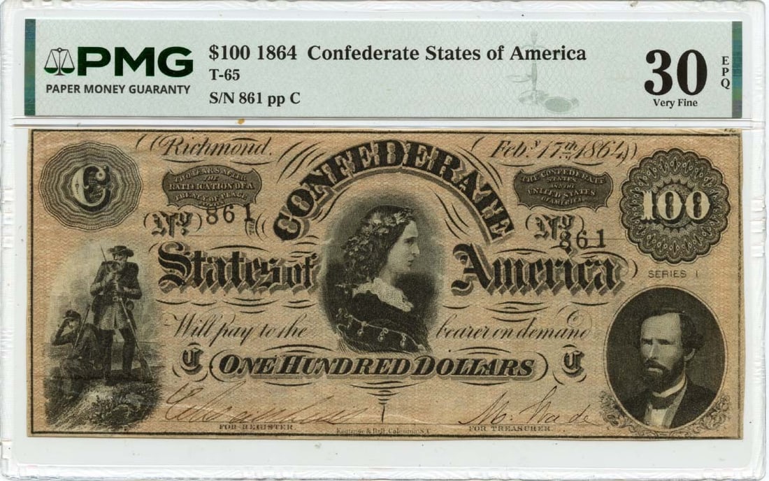 1864 $100 Confederate States of America T-65 CSA PMG VF30 EPQ: 1864 $100 Confederate States of America T-65 CSA PMG VF30 EPQ The 1864 $100 Confederate States of America T-65 PMG VF30 EPQ features a circulated condition, bearing the signature of its artist.