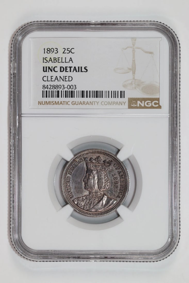 QUARTER NGC UNC ISABELLA COMMEMORATIVE 1893: QUARTER NGC UNC ISABELLA COMMEMORATIVE 1893 NGC UNC ISABELLA COMMEMORATIVE 1893 - A stunning example of the 1893 Isabella commemorative dollar, certified by the Numismatic Guaranty Corporation (NGC)