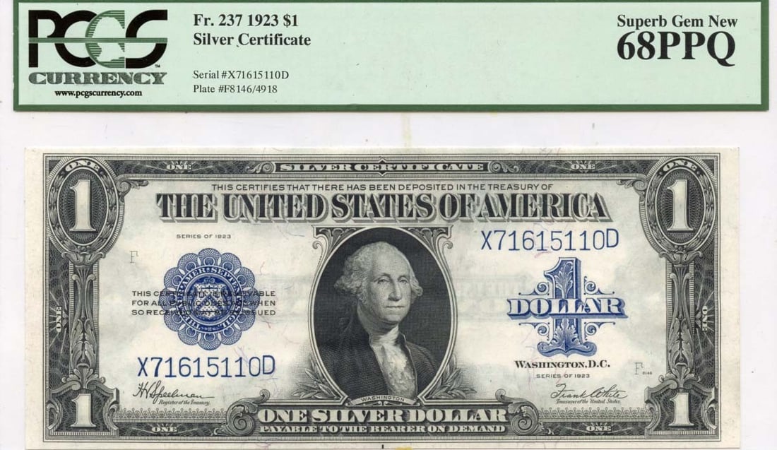 Superb GEM 68 PPQ 1923 $1 FR Silver Certificate: Superb GEM 68 PPQ 1923 $1 FR Silver Certificate MS68 graded, 1923 $1 FR Silver Certificate features an uncirculated condition with exceptional preservation. The PCGS Currency Certification Number 8040
