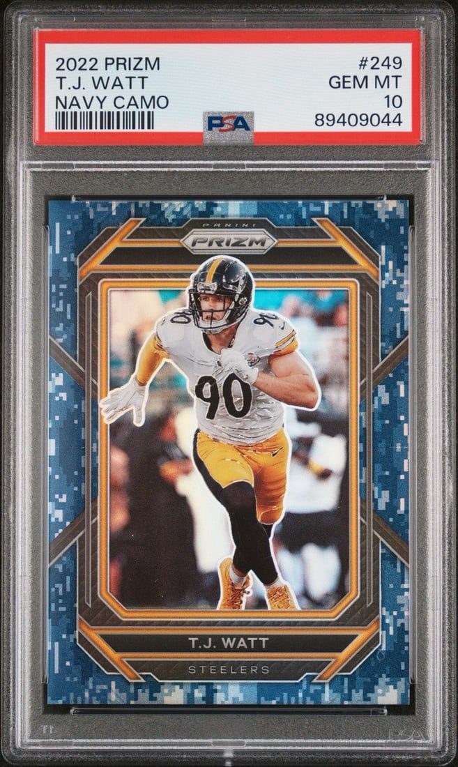 2022 PANINI PRIZM T.J. WATT #249 NAVY CAMO/ 25 PSA 10 POP 4: 2022 PANINI PRIZM T.J. WATT #249 NAVY CAMO/ 25 PSA 10 POP 4 Standard size, standard quality - the 2022 Panini Prizm T.J. Watt #249 Navy Camo card boasts a PSA 10 grade and comes in a print run of just