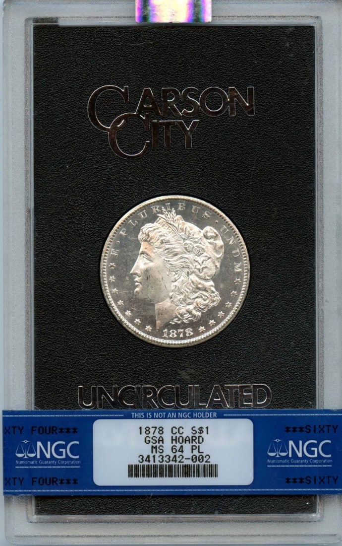 1878-CC Morgan Dollar GSA HOARD S$1 NGC MS64PL: 1878-CC Morgan Dollar GSA HOARD S$1 NGC MS64PL The 1878-CC Morgan Dollar GSA HOARD S$1 NGC MS64PL boasts exceptional condition, certified by the Numismatic Guaranty Corporation (NGC) as MS64. This pro