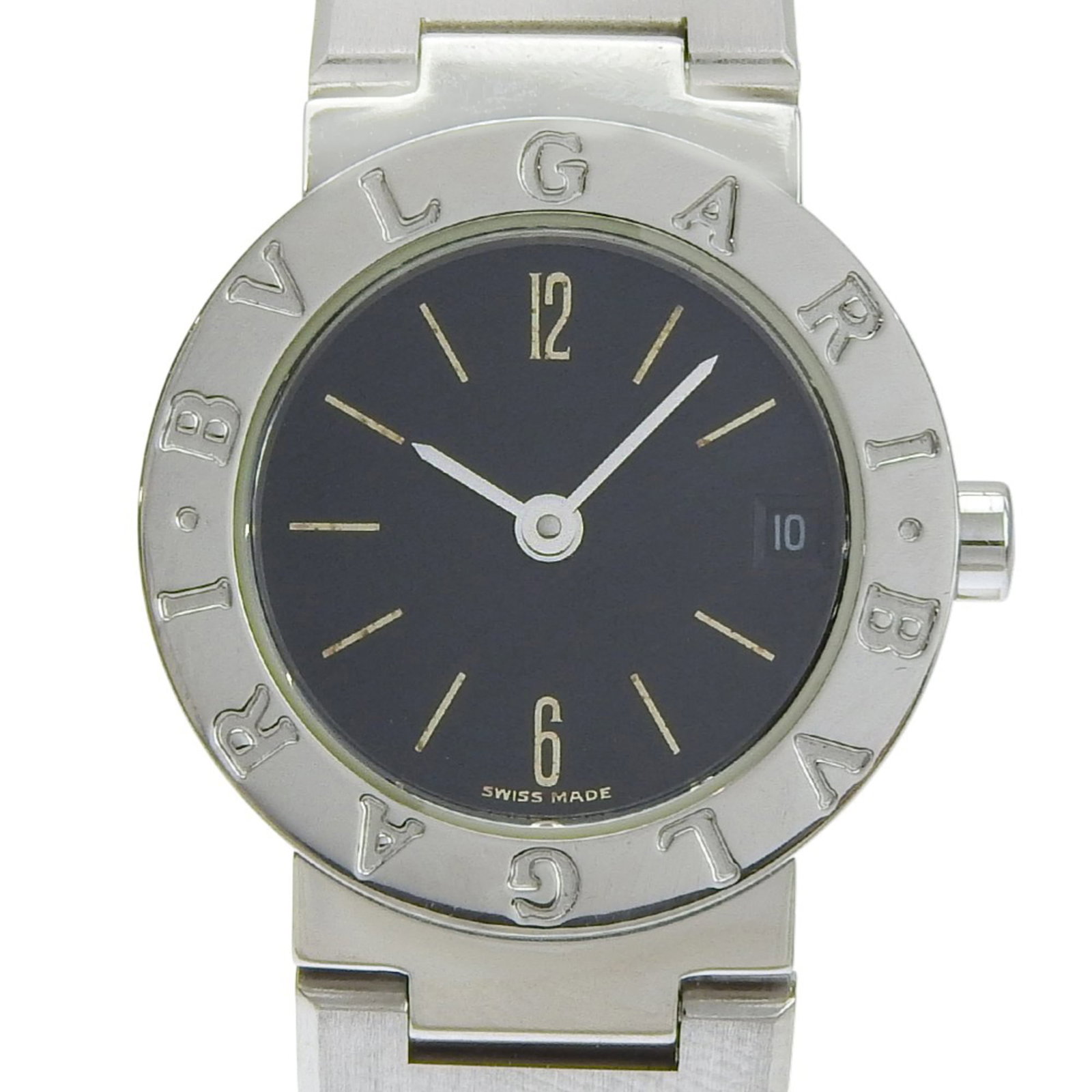 Bvlgari Wristwatch: Bvlgari Wristwatch Stainless steel case and band add a sleek touch to this Bvlgari wristwatch, featuring a black dial. The 23mm case diameter fits comfortably on wrists up to 14.5cm in size. With