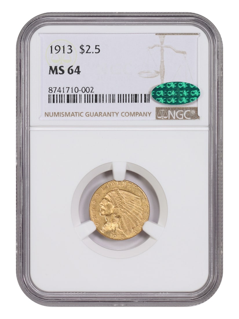 1913 $2.50 NGC/ CAC MS64 - Indian $2.5 - Popular Design: 1913 $2.50 NGC/ CAC MS64 - Indian $2.5 - Popular Design The 1913 $2.50 Indian gold coin, certified MS64 by NGC and CAC, boasts a striking design that has captivated collectors for generations. With it