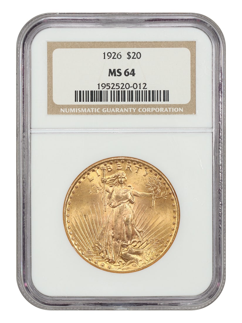 1926 $20 NGC MS64 - St. Gaudens $20 - Lovely Saint-Gaudens Twenty: 1926 $20 NGC MS64 - St. Gaudens $20 - Lovely Saint-Gaudens Twenty The St. Gaudens $20, minted in 1926, boasts an impressive NGC MS64 grade, showcasing its exceptional condition and detail preservation