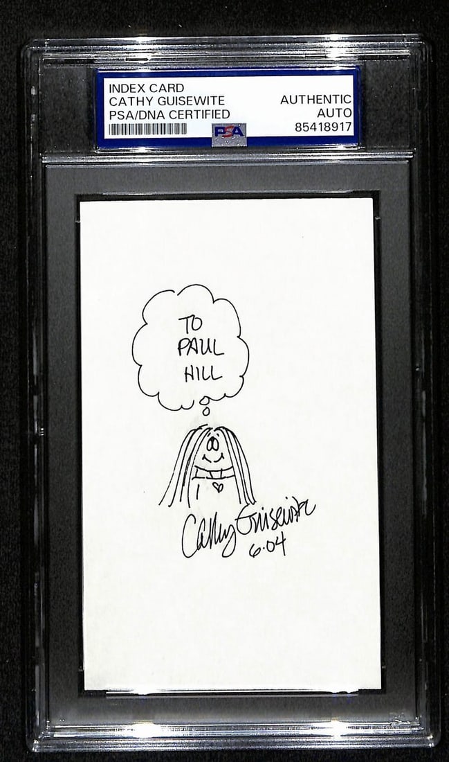 Guisewite Signed/ Inscribed Index Card Cartoonist Cathy PSA/ DNA: Guisewite Signed/ Inscribed Index Card Cartoonist Cathy PSA/ DNA Cathy Guisewite's original index card cartoon bears her signature, making it a unique piece for fans and collectors. The cartoonist's