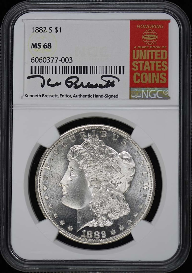 S$1 Morgan Dollar NGC MS68 1882-S: S$1 Morgan Dollar NGC MS68 1882-S The NGC MS68 S$1 Morgan Dollar 1882-S is a highly detailed and well-preserved coin from the San Francisco mint, graded MS68 by the Numismatic Guaranty Corporation. Th