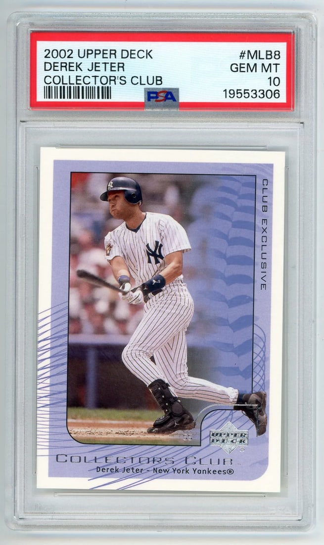 Derek Jeter 2002 Upper Deck Collector's Club #MLB8 PSA MT 10: Derek Jeter 2002 Upper Deck Collector's Club #MLB8 PSA MT 10 Derek Jeter's 2002 Upper Deck Collector's Club #MLB8 card boasts a PSA MT 10 grade, indicating exceptional condition with no flaws. This hi