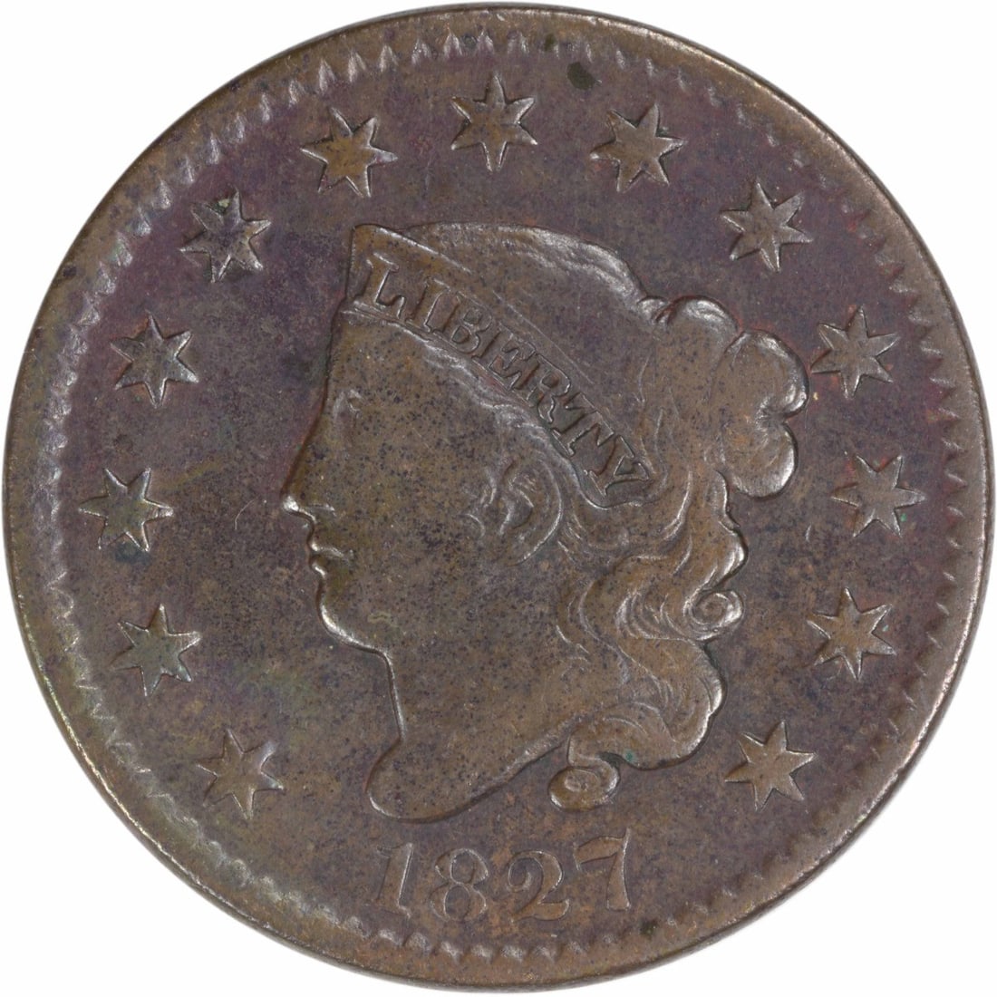 1827 Large Cent F Uncertified: 1827 Large Cent F Uncertified The 1827 Large Cent, with its distinctive Coronet Head design by Robert Scot, features a striking copper composition and weighs 10.89 grams. This circulated coin boasts a