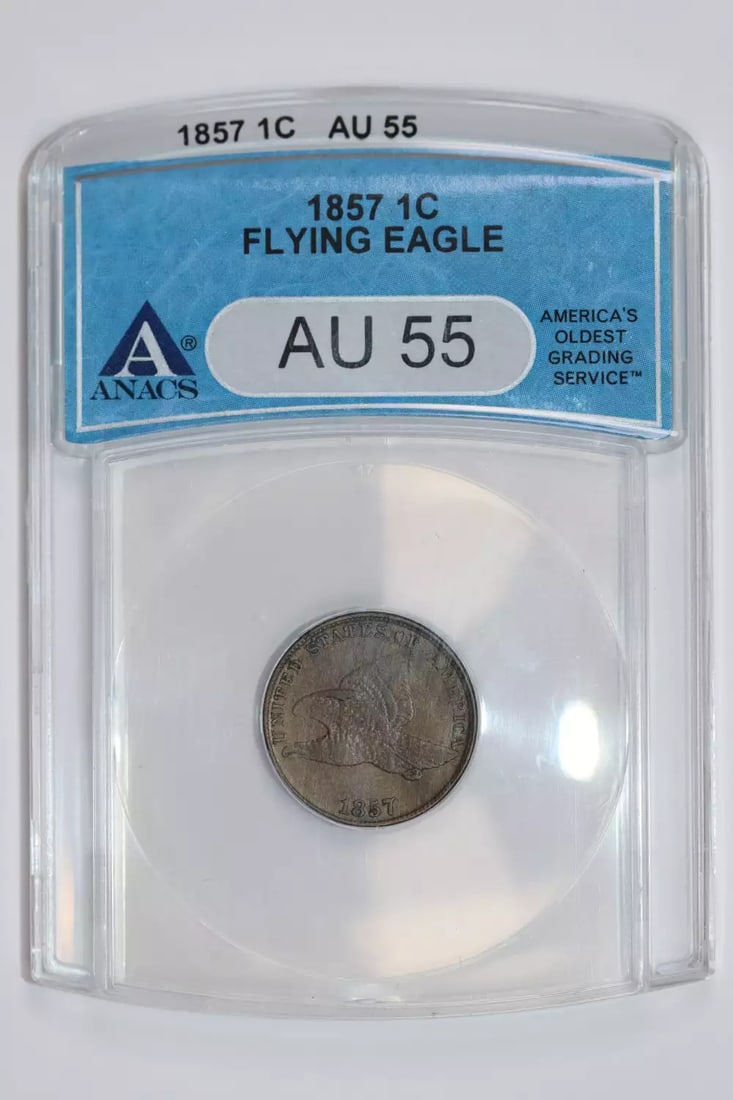 Eagle Cent Flying 1857 Anacs Au55: Eagle Cent Flying 1857 Anacs Au55 Copper Cent from the 1857 Anacs Au55 series, certified by ANACS with a grade of AU 55. This circulated coin bears its unique certification number, 2910716, and is par