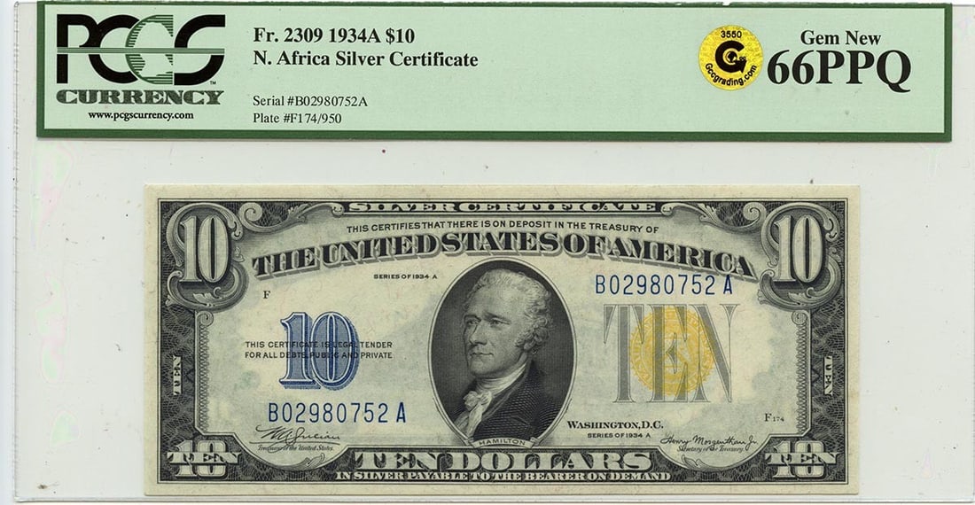 1934A $10 N. Africa - WWII Emergency Issue Fr# 2309 PCGS Gem66 PPQ GCC Gold: 1934A $10 N. Africa - WWII Emergency Issue Fr# 2309 PCGS Gem66 PPQ GCC Gold This 1934A $10 N. Africa - WWII Emergency Issue Fr# 2309 is a rare gem, graded MS66 by PCGS and boasting a stunning PPQ cert