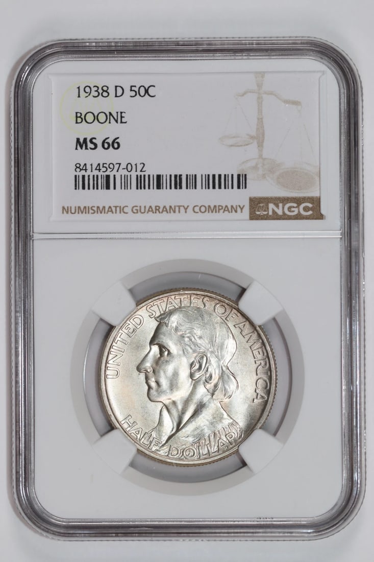 BOONE COMMEMORATIVE HALF DOLLAR MS66 NGC 1938 D: BOONE COMMEMORATIVE HALF DOLLAR MS66 NGC 1938 D MS66 graded by the NGC, this 1938 commemorative half dollar features a high level of detail and luster, showcasing its uncirculated condition. Certified