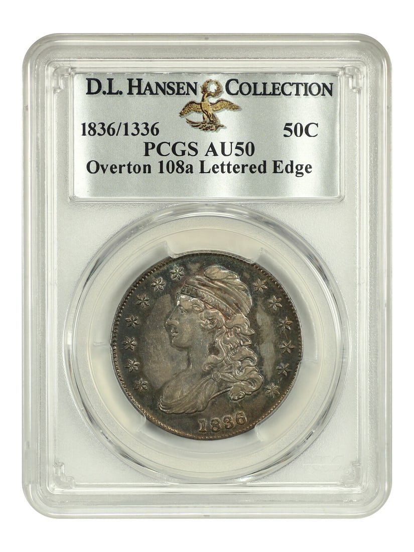 1836/ 1336 50C PCGS AU50 (O-108a, Lettered Edge) ex: D.L. Hansen: 1836/ 1336 50C PCGS AU50 (O-108a, Lettered Edge) ex: D.L. Hansen The 1836/1336 50C PCGS AU50 (O-108a, Lettered Edge) ex: D.L. Hansen boasts a unique blend of historical significance and numismatic cha