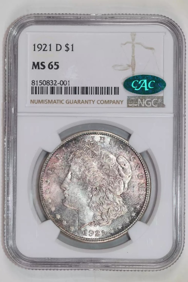 1921-D MORGAN DOLLAR NGC MS65 CAC - PQ: 1921-D MORGAN DOLLAR NGC MS65 CAC - PQ The 1921-D Morgan Dollar, graded MS65 by the Numismatic Guaranty Corporation (NGC), boasts exceptional silver content and a high level of preservation. This unci