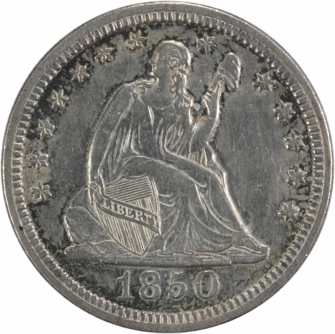 1850 Liberty Seated Silver Quarter AU Uncertified: 1850 Liberty Seated Silver Quarter AU Uncertified This 1850 Liberty Seated Silver Quarter is an authentic circulated coin, certified as Uncirculated with a KM number of 64.2, and features the iconic