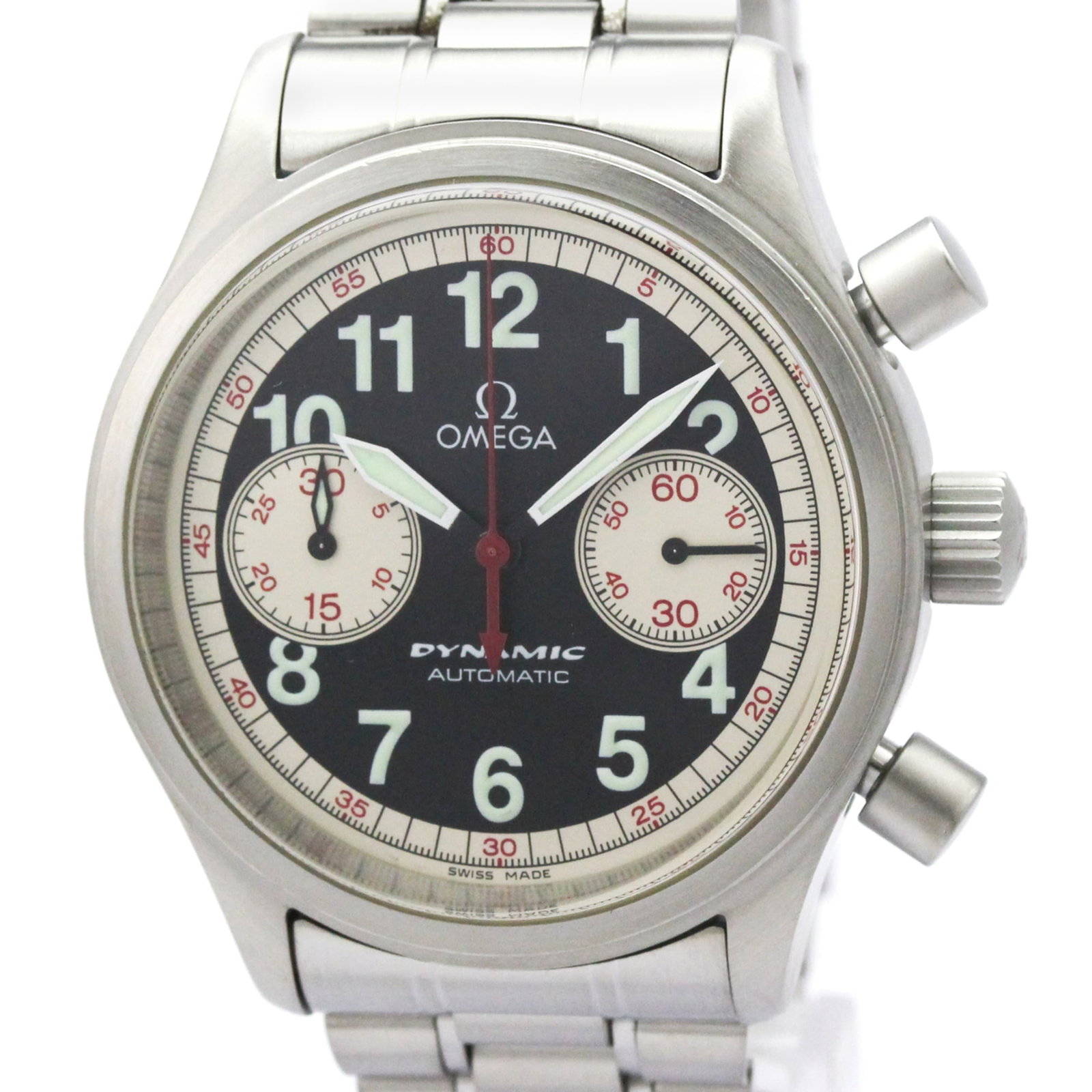 Omega Wristwatch: Omega Wristwatch Stainless steel case and band, the Omega wristwatch boasts a sleek black dial. With its sporty design and durable construction, this watch is perfect for everyday wear. Measuring
