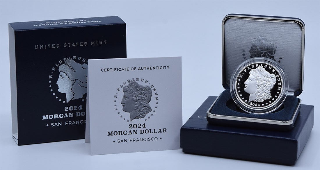 2024-S Morgan Silver Dollar in Original Government Packaging: 2024-S Morgan Silver Dollar in Original Government Packaging The 2024-S Morgan Silver Dollar is available in its original government packaging, showcasing the iconic design of Augustus Saint-Gaudens. 