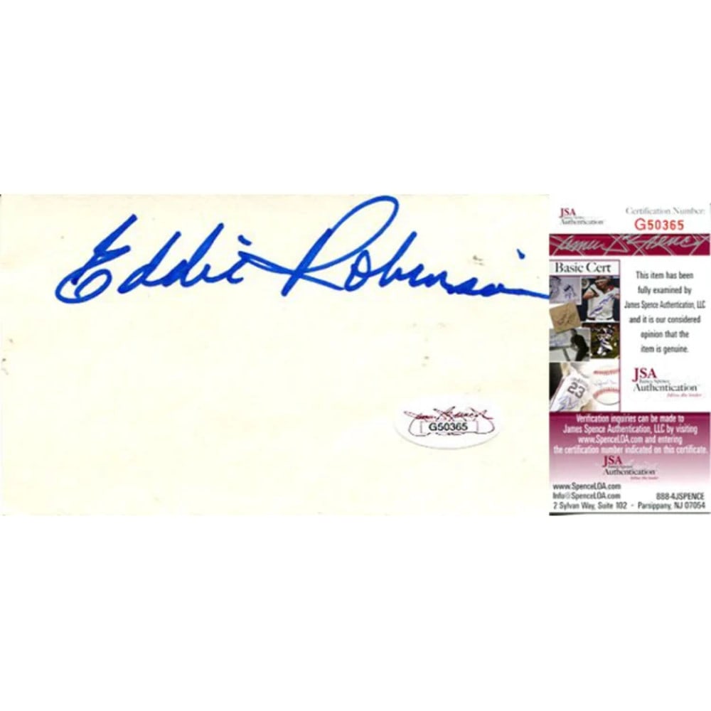 Signed by Eddie Robinson on a 3x5 index card: Signed by Eddie Robinson on a 3x5 index card Eddie Robinson's signature on a 3x5 index card, bearing the authentication and certification of James Spence Authentication (JSA), provides a unique