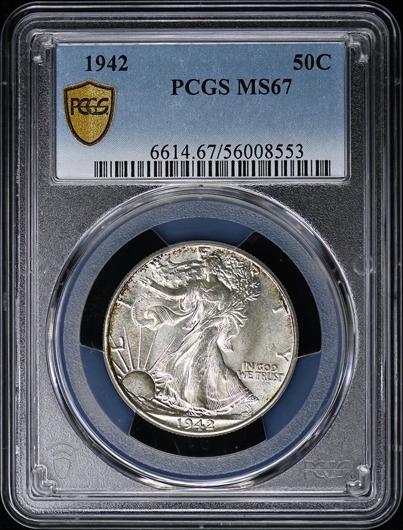 1942 50C Walking Liberty Half Dollar PCGS MS67: 1942 50C Walking Liberty Half Dollar PCGS MS67 The 1942 Walking Liberty Half Dollar, graded MS67 by PCGS, showcases exceptional detail and luster. This uncirculated coin bears the iconic design of