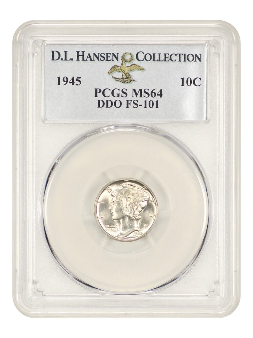 PCGS MS64 DDO FS-101 ex D.L. Hansen: PCGS MS64 DDO FS-101 ex D.L. Hansen PCGS MS64 DDO FS-101 ex D.L. Hansen - A Highly Detailed and Graded Mercury Dime from 1945. This uncirculated coin boasts a PCGS grade of 64, showcasing exceptional 