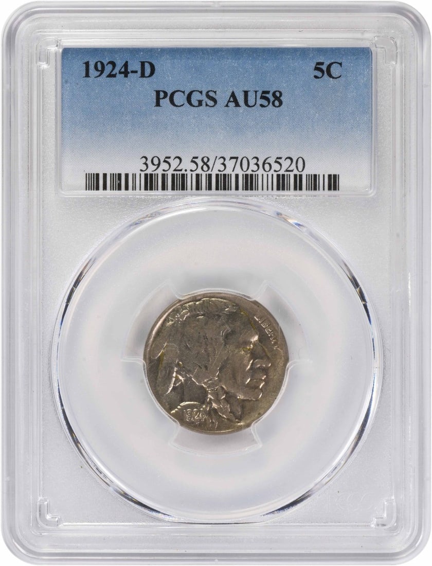 1924-D Buffalo Nickel AU58 PCGS: 1924-D Buffalo Nickel AU58 PCGS The 1924-D Buffalo Nickel AU58 PCGS is a circulated example of the iconic coin, featuring James Earle Fraser's design and a plain edge. With its 75% copper and 25%