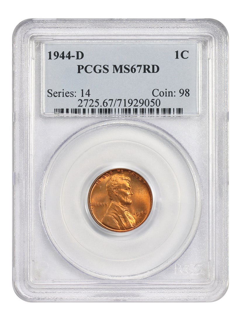 1944-D 1C PCGS MS67RD - Lincoln Cent (Wheat Reverse): 1944-D 1C PCGS MS67RD - Lincoln Cent (Wheat Reverse) 1944-D Wheat Reverse Lincoln Cent in MS67RD Condition. This uncirculated coin boasts a high grade of 67 from the Professional Coin Grading Service 