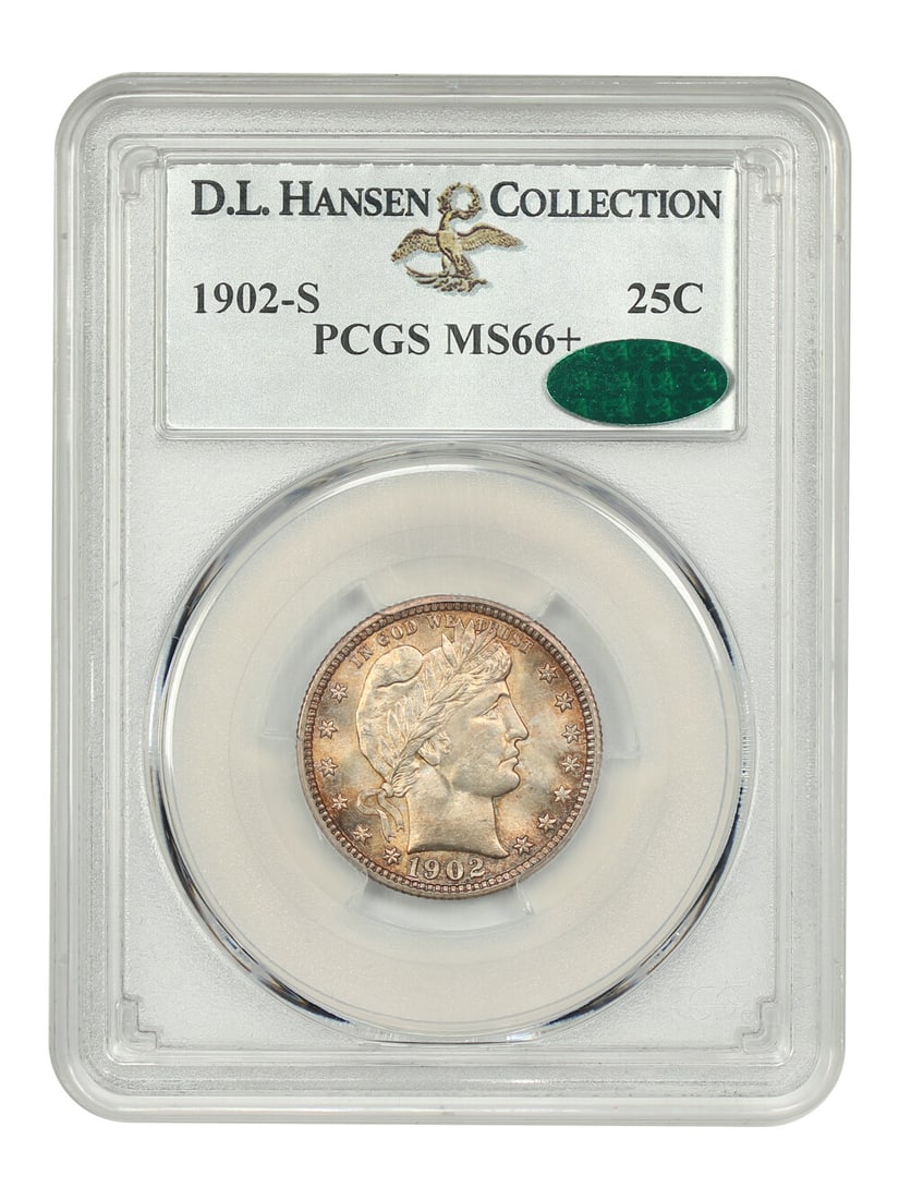 MS66 Barber Quarter 25c Ex PCGS/ CAC D.L. Hansen: MS66 Barber Quarter 25c Ex PCGS/ CAC D.L. Hansen MS66 Barber Quarter 25c Ex PCGS/ CAC D.L. Hansen bears the prestigious MS66 grade from PCGS, indicating exceptional condition and quality. Certified by