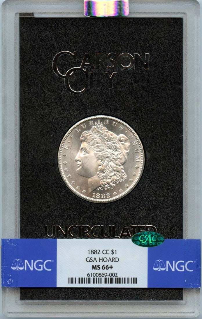 1882-CC Morgan Dollar GSA HOARD S$1 NGC MS66+ (CAC): 1882-CC Morgan Dollar GSA HOARD S$1 NGC MS66+ (CAC) The 1882-CC Morgan Dollar GSA HOARD S$1 NGC MS66+ (CAC) boasts an impressive NGC certification, showcasing its exceptional condition. This