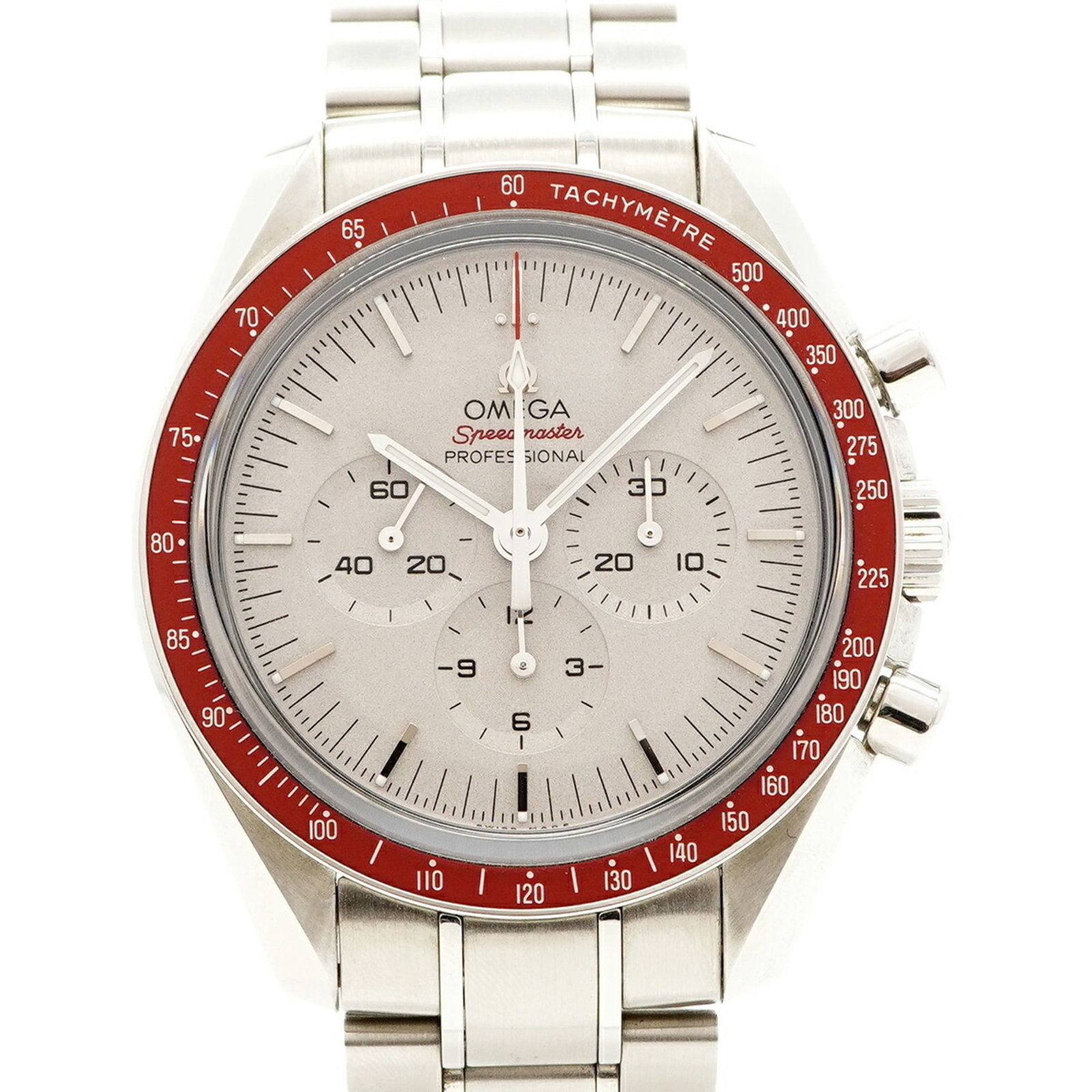 Omega Wristwatch: Omega Wristwatch Stainless steel band adds durability to this Omega wristwatch, featuring a gray dial and 41.8mm case diameter. The watch has traces of usage, with minor scratches and dirt visible,
