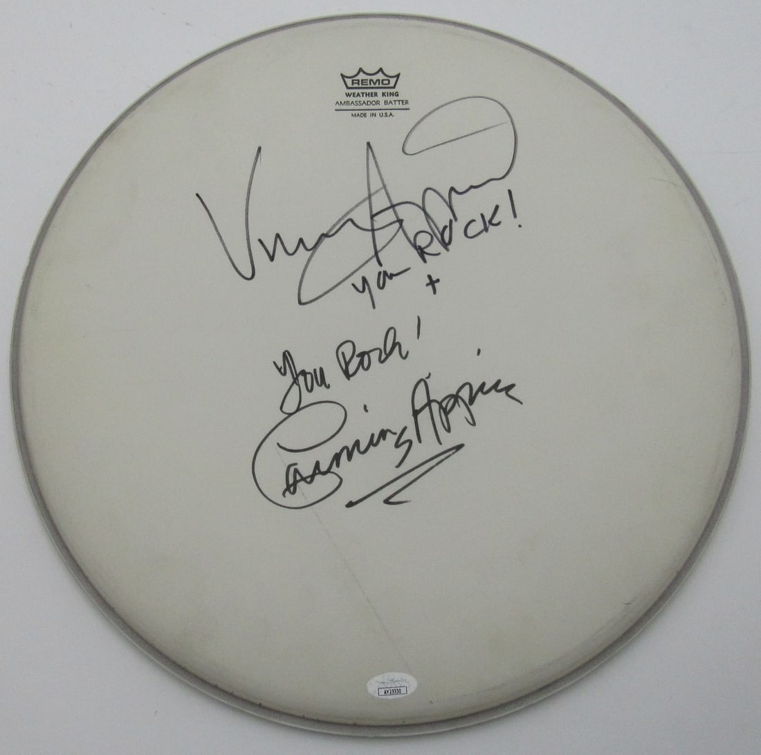 Carmine Appice/ Vinny Appice Drummer Dual-Signed/ Inscribed Drum Head JSA 200968: Carmine Appice/ Vinny Appice Drummer Dual-Signed/ Inscribed Drum Head JSA 200968 Carmine Appice and Vinny Appice, renowned drummers, have signed and inscribed their names on this unique drum head. The