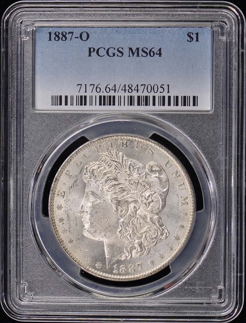 1887-O $1 Morgan Dollar PCGS MS64: 1887-O $1 Morgan Dollar PCGS MS64 1887-O $1 Morgan Dollar PCGS MS64. This uncirculated 1887-O Morgan Dollar features a high grade of MS64, indicating excellent condition and minimal wear. Certified