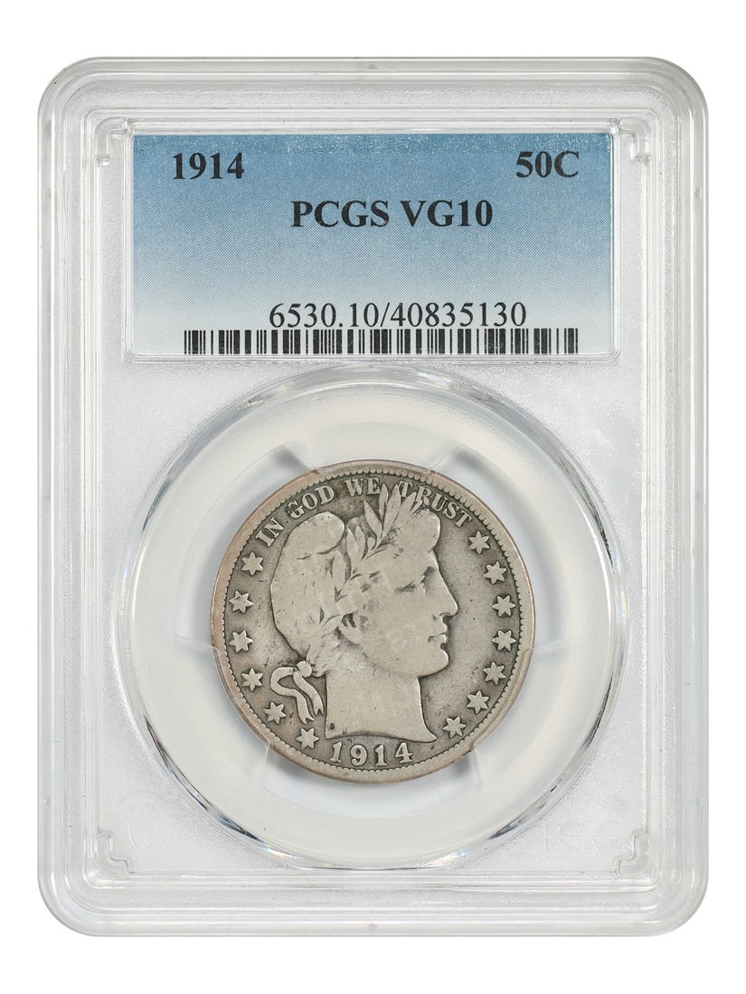 Barber Half Dollar Lowest Mintage 1914 50C PCGS VG10: Barber Half Dollar Lowest Mintage 1914 50C PCGS VG10 The Barber Half Dollar, minted in 1914, boasts a circulated condition with a PCGS grade of VG10. This coin bears the mark of the Philadelphia Mint
