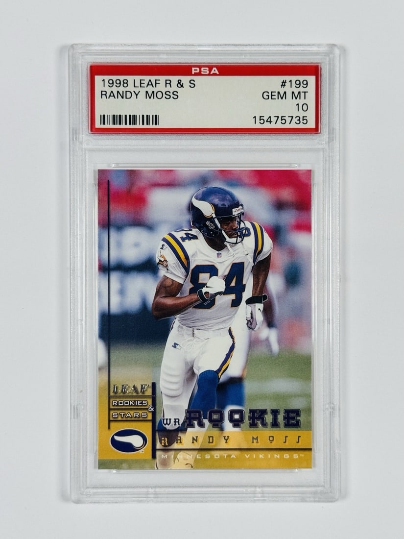 1998 LEAF ROOKIES & STARS RANDY MOSS #199 ROOKIE PSA 10: 1998 LEAF ROOKIES & STARS RANDY MOSS #199 ROOKIE PSA 10 Randy Moss #199 Rookie PSA 10, a highly graded 1998 Leaf Rookies & Stars card, showcases the athlete's impressive rookie season with the Minneso