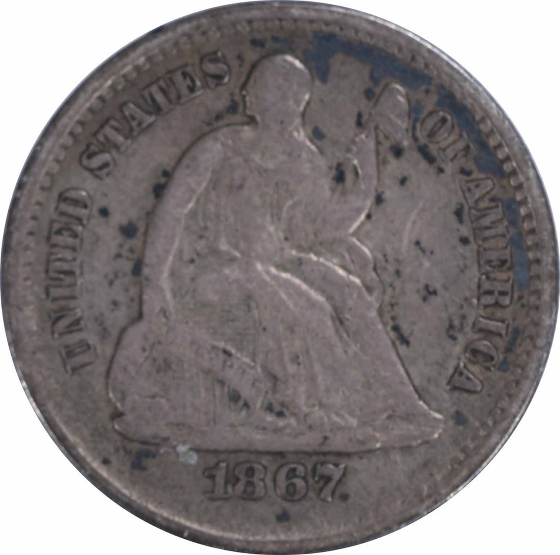 Silver Half Dime Liberty Seated 1867 EF Uncertified: Silver Half Dime Liberty Seated 1867 EF Uncertified The Silver Half Dime Liberty Seated 1867 EF Uncertified coin features a classic design by Christian Gobrecht, with its reeded edge and 90% silver co