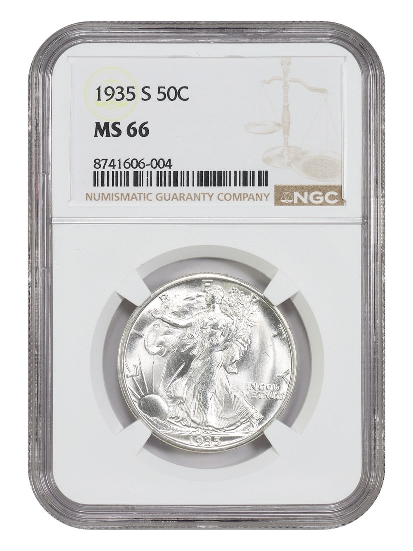 1935-S 50C NGC MS66 - Walking Liberty Half Dollar: 1935-S 50C NGC MS66 - Walking Liberty Half Dollar The 1935-S Walking Liberty Half Dollar, graded MS66 by the NGC, boasts exceptional mint state condition with crisp details and minimal wear. This unci