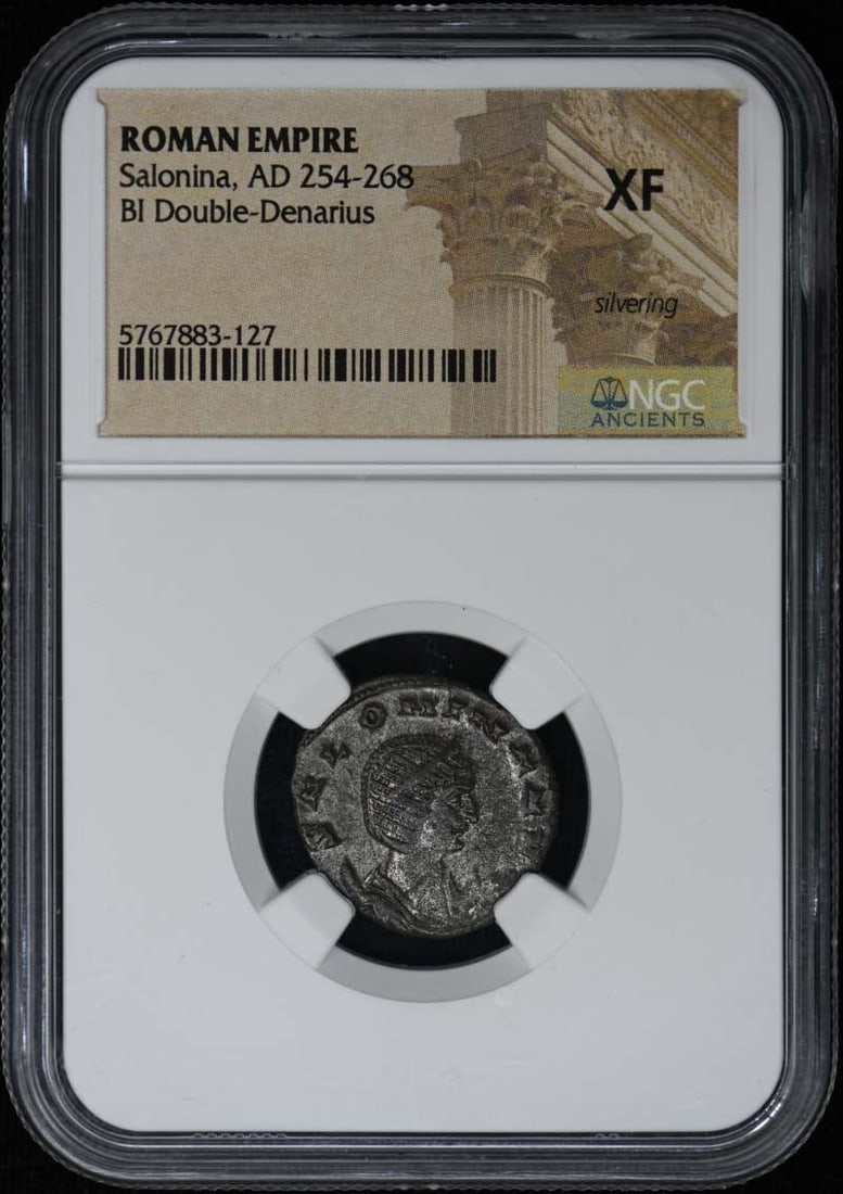 Salonina, AD 254-268 ROMAN EMPIRE BI Double-Denarius NGC XF: Salonina, AD 254-268 ROMAN EMPIRE BI Double-Denarius NGC XF Salonina, AD 254-268 ROMAN EMPIRE BI Double-Denarius NGC XF features a striking design with notable details. Certified by the Numismatic Gua
