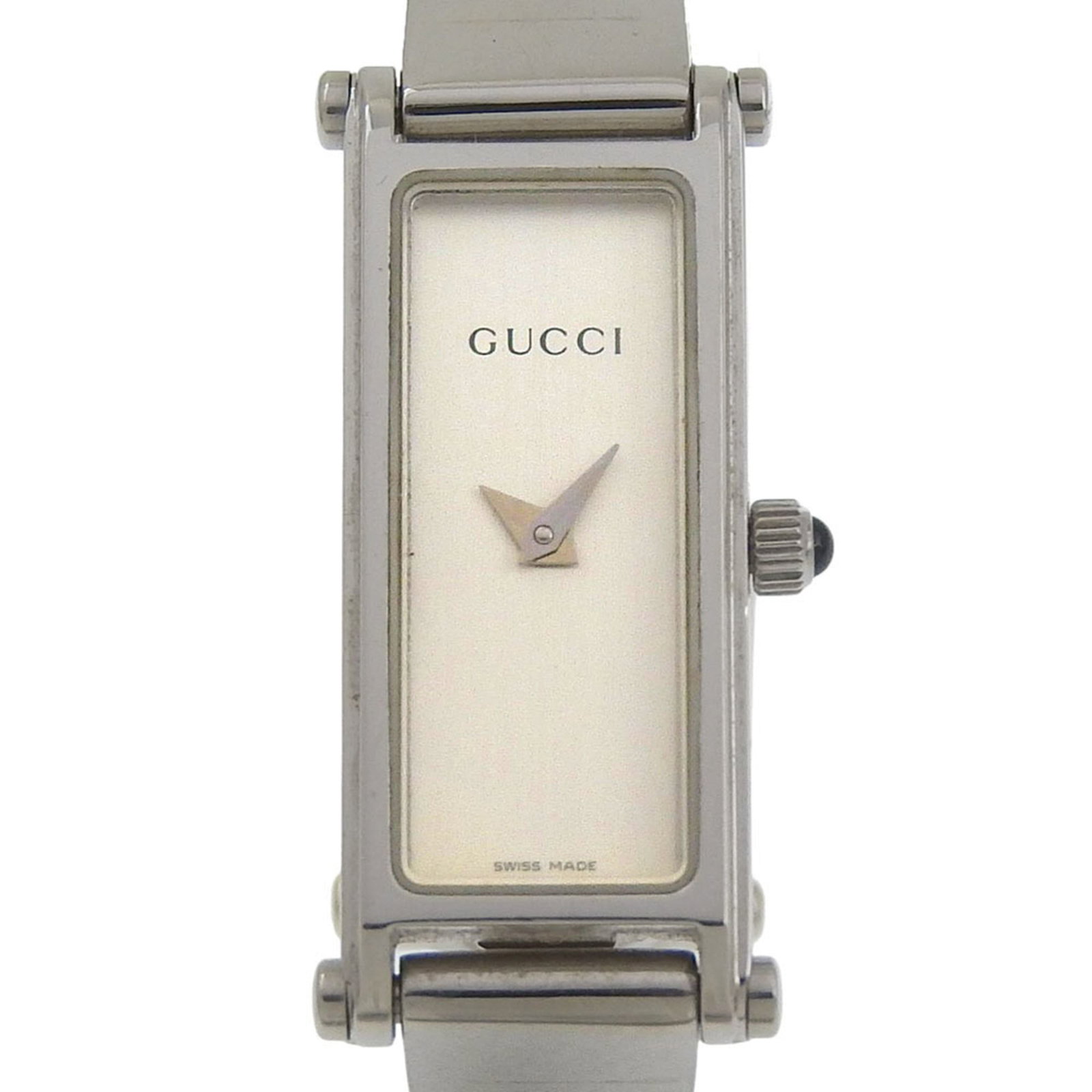 Wristwatch by Gucci: Wristwatch by Gucci Stainless steel case and band, the Gucci wristwatch boasts a sleek silver dial. With its 12mm diameter and adjustable size, it's designed to fit wrists up to 14.5cm in length. The 