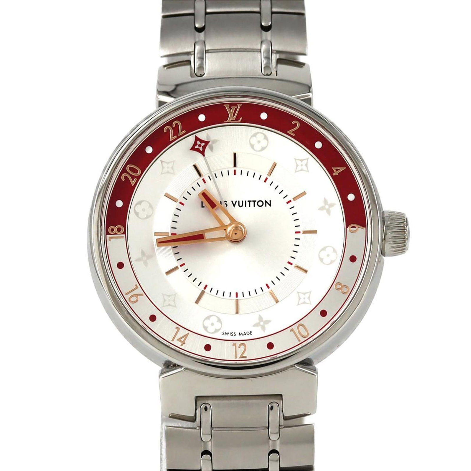 Wristwatch Louis Vuitton: Wristwatch Louis Vuitton Stainless steel case and band add a sleek touch to this Louis Vuitton wristwatch, featuring an analog display in silver. The watch measures 35mm in diameter and has a
