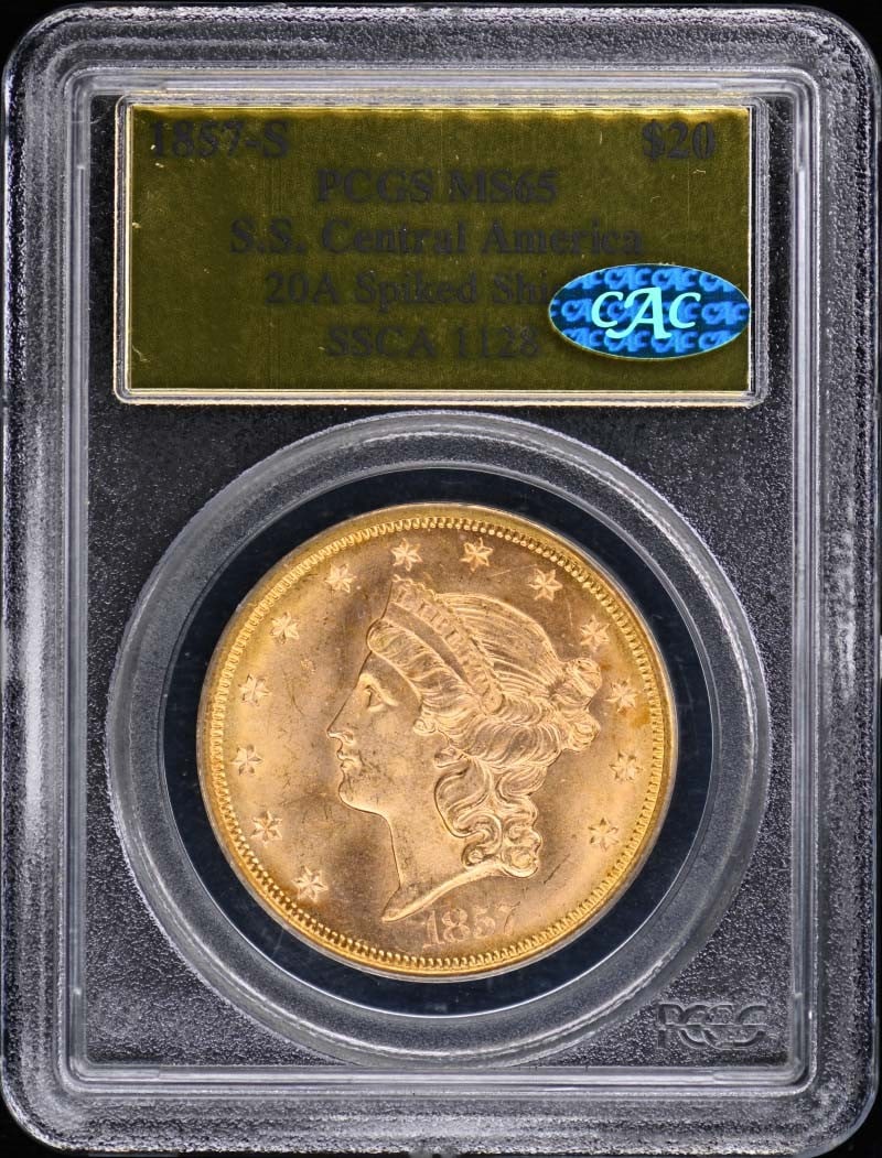 1857-S $20 SS Central America SSCA1128 PCGS MS65 CAC Box&Cert: 1857-S $20 SS Central America SSCA1128 PCGS MS65 CAC Box&Cert The 1857-S $20 SS Central America, graded MS65 by PCGS and CAC, boasts an exceptional level of preservation in its uncirculated state.