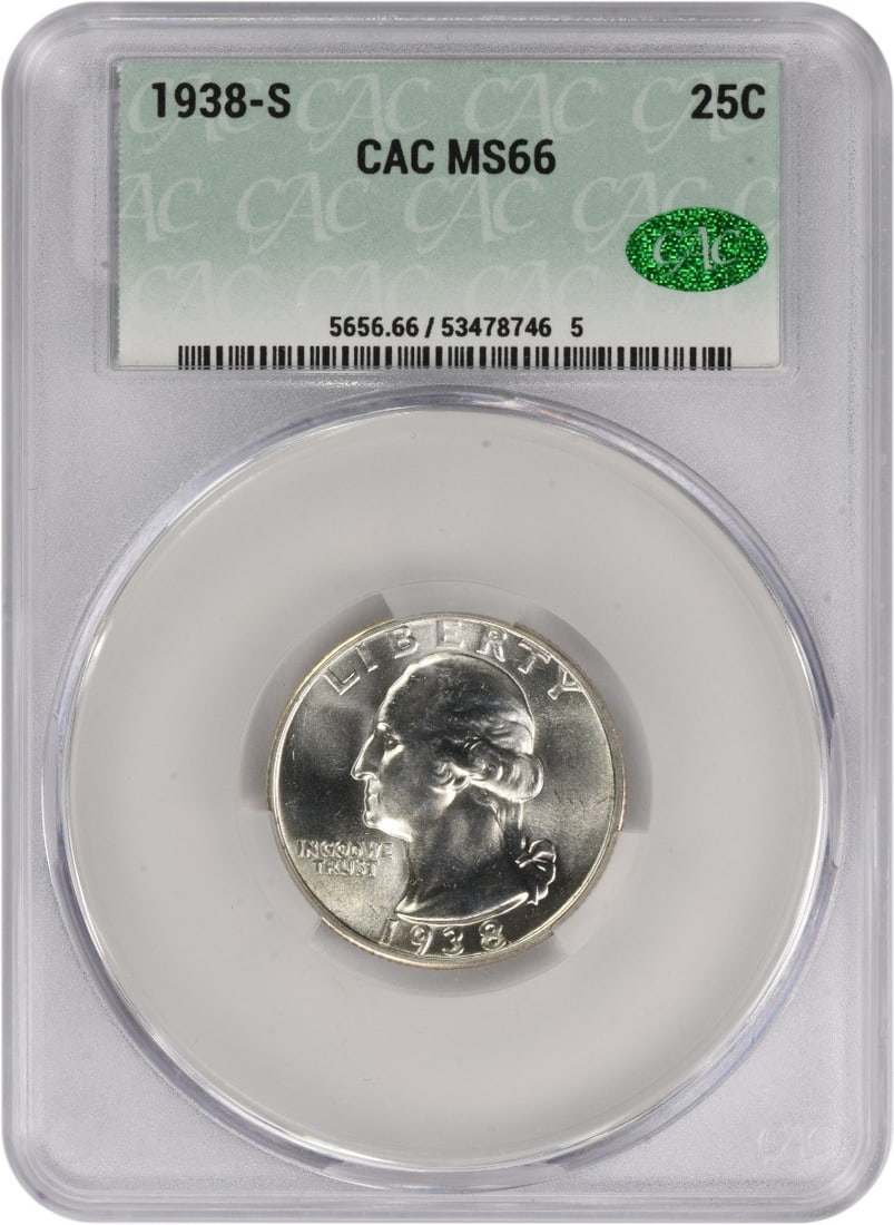 1938-S Washington Silver Quarter MS66 CACG: 1938-S Washington Silver Quarter MS66 CACG The 1938-S Washington Silver Quarter MS66 CACG boasts exceptional condition, with its circulated status and high grade of MS66 underscoring its impressive st
