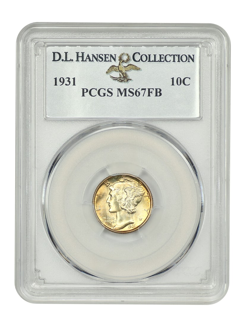 1931 10C PCGS MS67FB ex: D.L. Hansen: 1931 10C PCGS MS67FB ex: D.L. Hansen The 1931 Mercury Dime, graded MS67FB by PCGS, boasts exceptional condition with a striking appearance. This uncirculated coin features the iconic Mercury design an