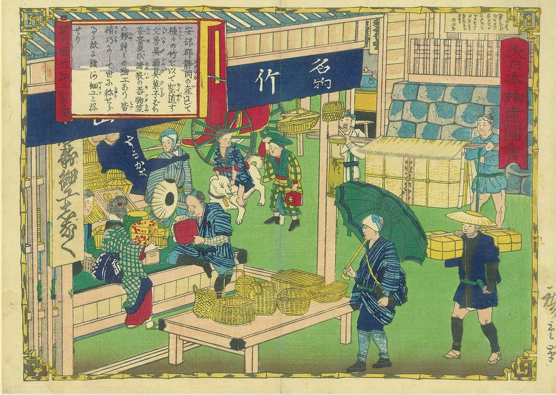 Hiroshige III Woodblock Print Bamboo Craft Manufacturing Suruga Province: Hiroshige III Woodblock Print Bamboo Craft Manufacturing Suruga Province Item Specifics: Artist: Hiroshige III Subject: Japanese Crafts and Industries Material: Paper Style: Japanese Size: 17.3 x 24.2